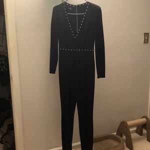 Shoulder padded long pant one piece